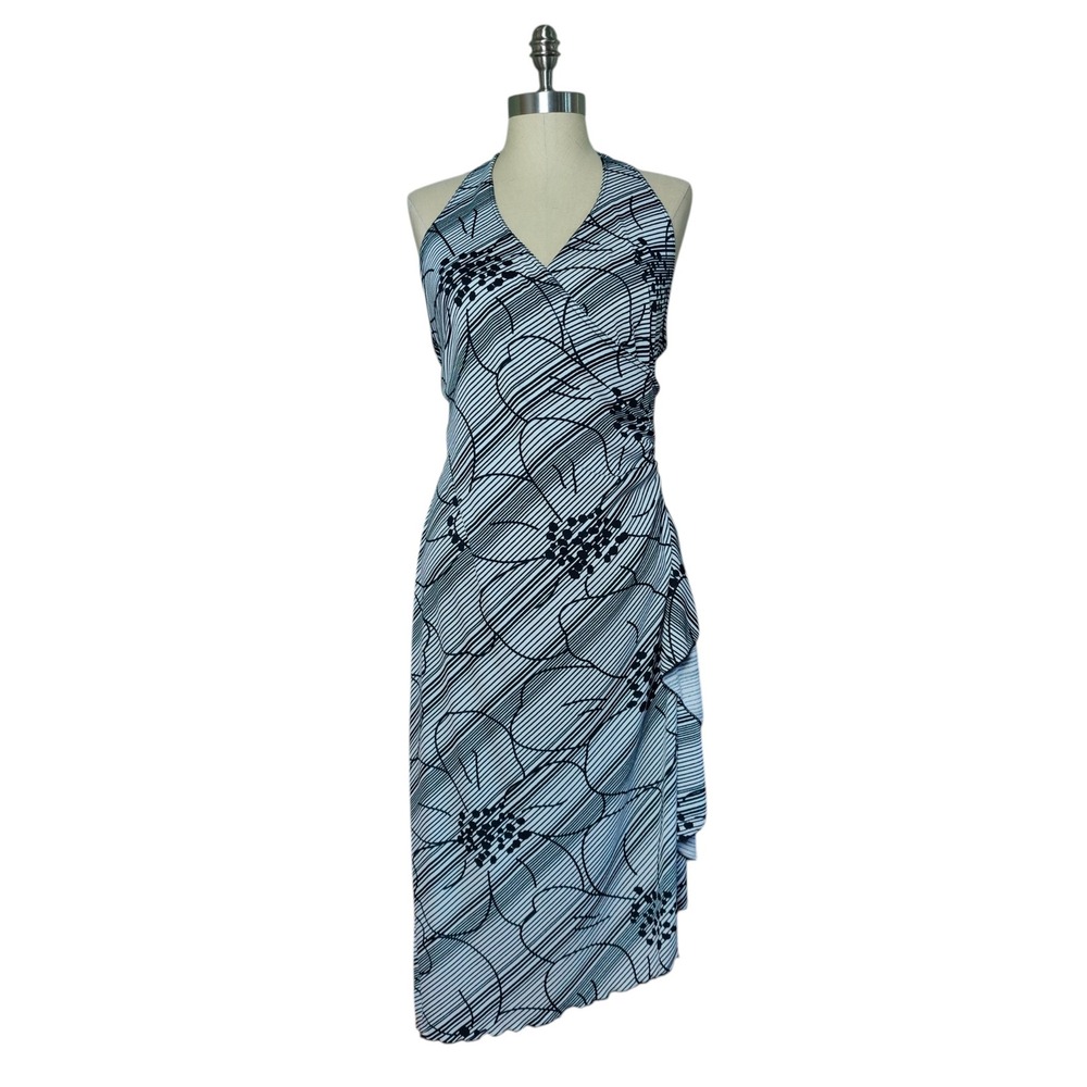 Vintage Y2K Halter Faux‎ Wrap Asymmetric Midi Dress Striped Rose Large Grunge
